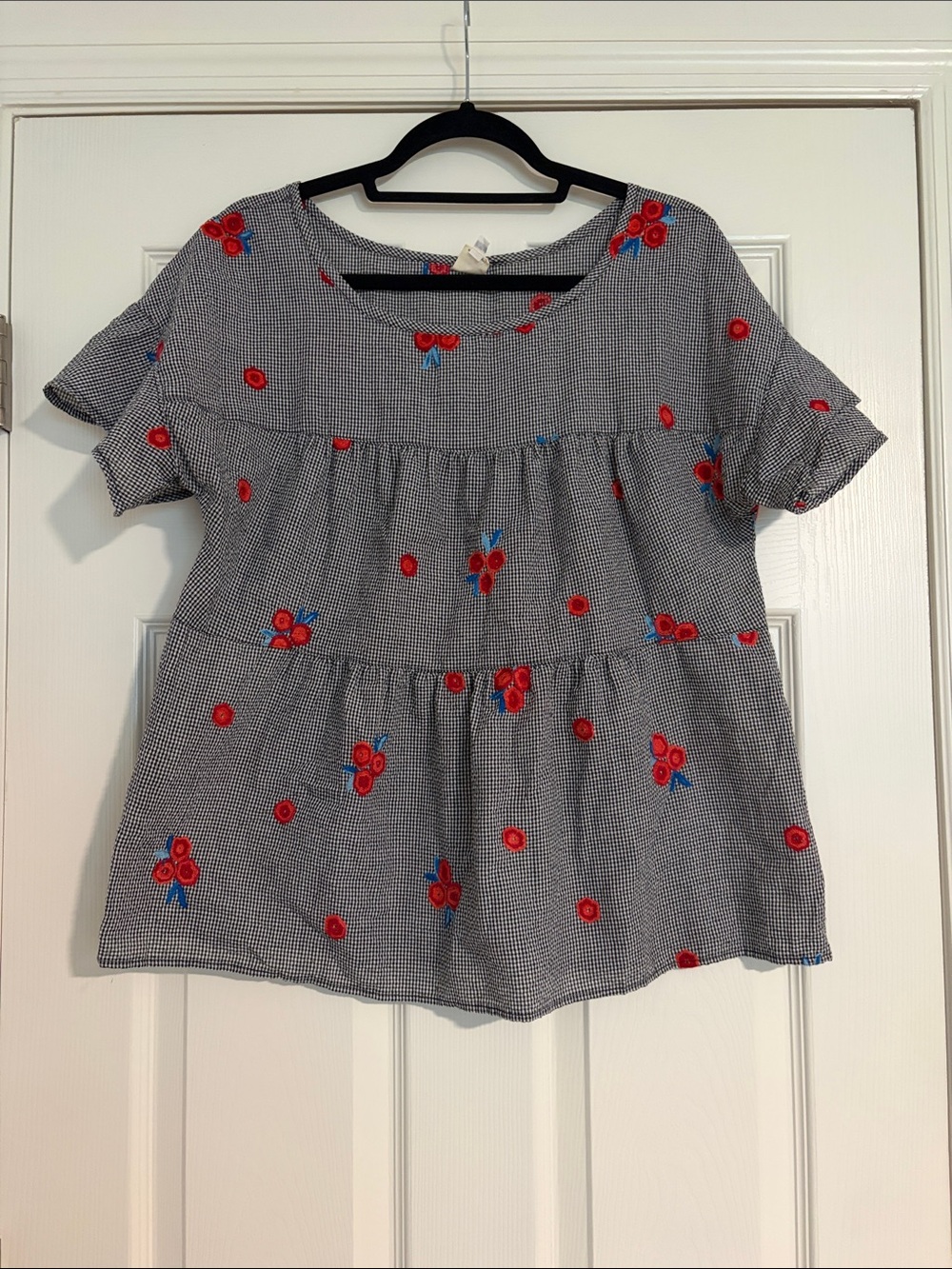 Ivy Jane Black and White Gingham Tiered Top with Embroidered Berries